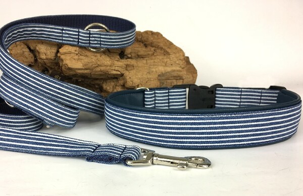 Halsband Baltic-Stripes mit Kunstleder unterlegt 2,5 cm breit / 37-39 cm lang Aluminium  + 4.00 EUR marine