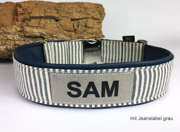 Halsband Gangway marine m. Namenslabel und Kunstleder unterlegt 4 cm breit / 55-57 cm lang Kunststoff Jeanslabel- Farbe grau