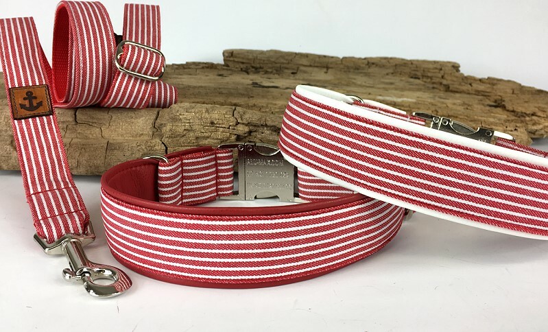 Halsband Baltic-Stripes rot-weiß mit Kunstleder unterlegt 2 cm breit / 28-30 cm lang Aluminium  + 4.00 EUR weiß