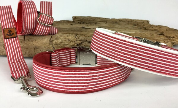 Halsband Baltic-Stripes rot-weiß mit Kunstleder unterlegt 2,5 cm breit / 31-33 cm lang Aluminium  + 4.00 EUR weiß