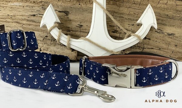 Halsband Anchor mit Kunstleder unterlegt 2,5 cm breit / 34-36 cm lang Aluminium  + 4.00 EUR Kunstleder cognac