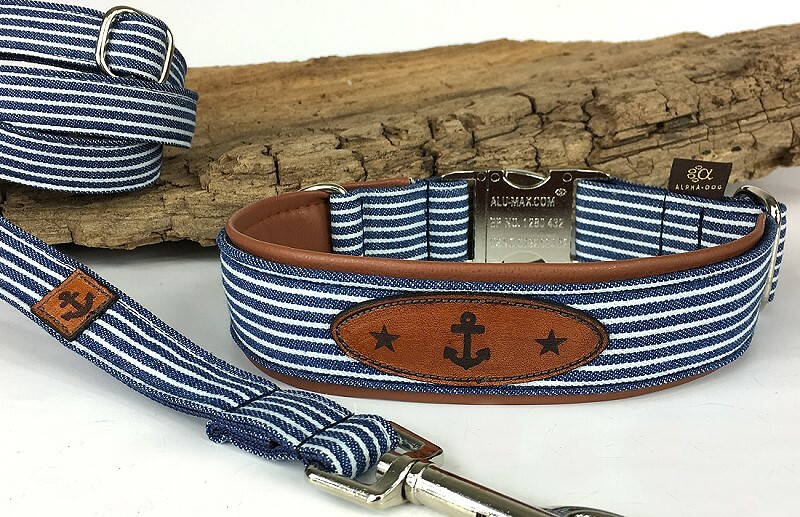 Halsband Baltic Stripes marine-weiß m. Lederlabel und Kunstleder unterlegt 2 cm breit / 29-31 cm lang mit Symbol Namen des Hundes Aluminium