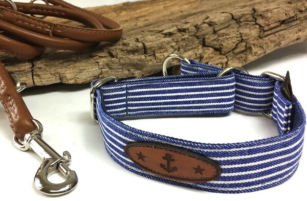 Zugstop-Halsband Baltic-Stripes mit Lederapplikation
