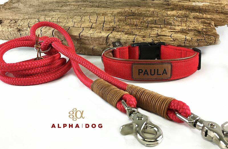 Halsband Canvas rot mit Namenslabel und Kunstleder...