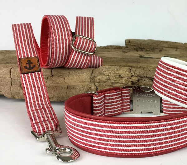 Hundeleine Baltic-Stripes rot-weiß City 120 cm mit Ankersymbol 2,5 cm