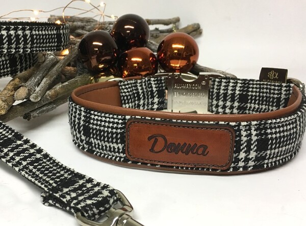 Halsband Glencheck black m.Namenslabel und Kunstleder unterlegt 2 cm breit / 25-27 cm lang Aluminium  + 4.00 EUR