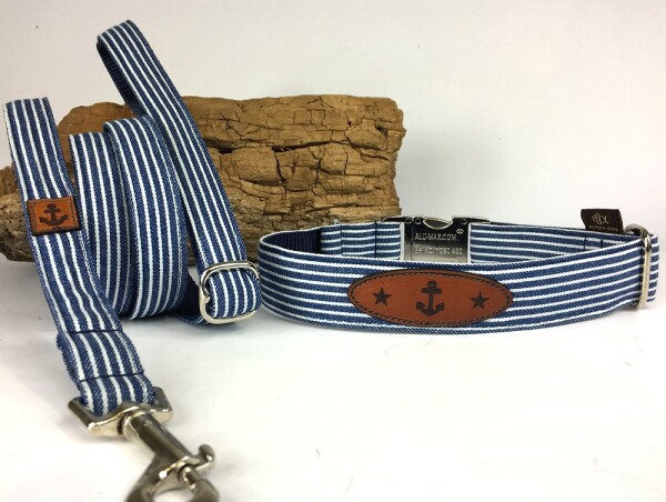 Halsband Baltic-Stripes marine-weiß mit Patch 2 cm breit / 31-35 cm lang mit Symbol Namen des Hundes Aluminium  + 4.00 EUR