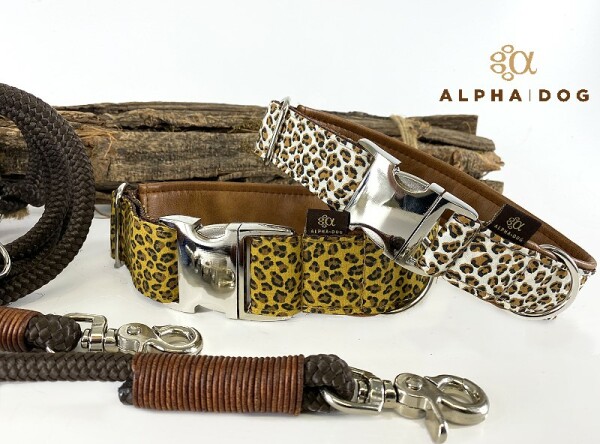 Halsband Leopard mit Polsterung Vintage cognac- optional Namenslabel 2,5 cm breit / 34-36 cm lang Aluminium sahara   ( ocker ) ohne Label