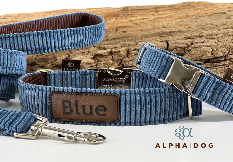 Halsband Cord Denimblue mit Namenspatch 2 cm breit / 36-40 cm lang Aluminium  dunkelbraun (  Foto )