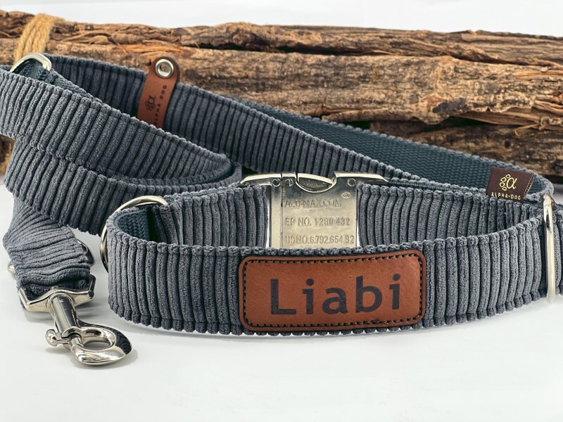 Halsband Cord anthrazit mit Namens- Telefonpatch