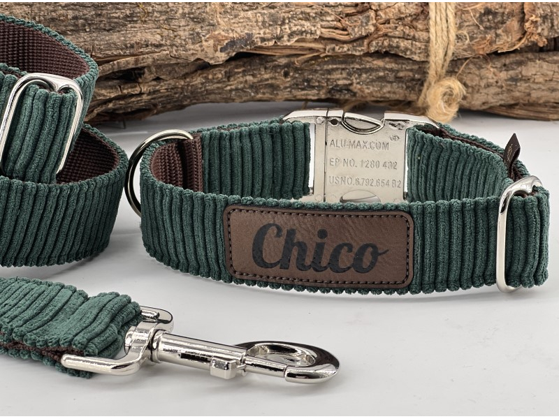 Hundehalsband Cord Petrol mit Namenspatc box