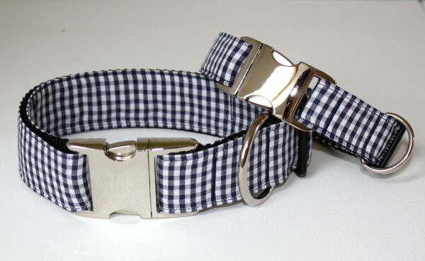 Hundehalsband  " Vichy marine "  20-28 cm 1,5 cm Aluminium + 4 Euro ( nicht in 3cm lieferbar)