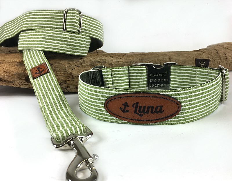 Halsband Baltic-Stripes green mit Lederlabel 2,5 cm breit / 41-45 cm lang Kunststoff mit Symbol Namen des Hundes