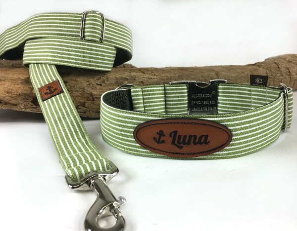 Halsband Baltic-Stripes green mit Lederlabel 4 cm breit / 61-70 cm lang Aluminium  + 4.00 EUR mit Symbol Namen des Hundes