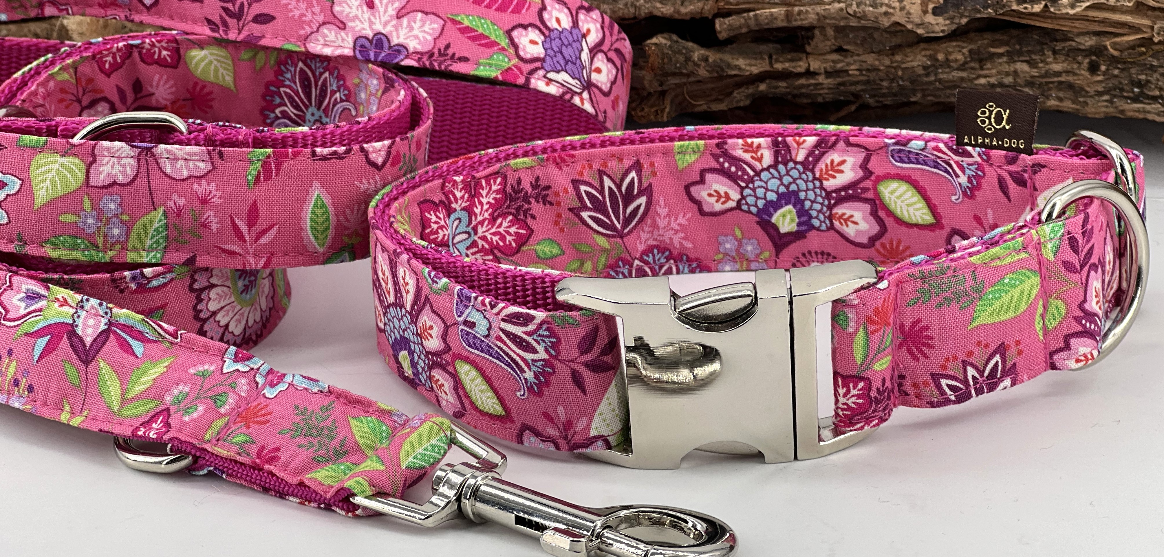 Hundehalsband pink flower mit Leine